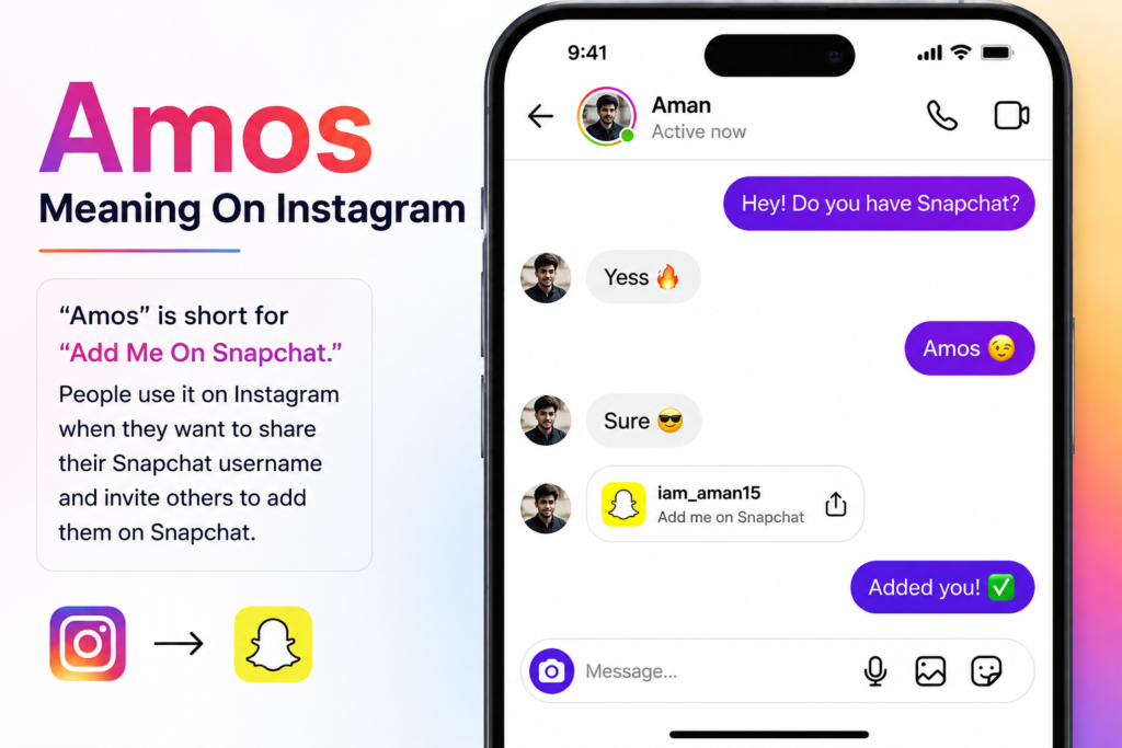 Amos Meaning On Instagram shown in a conversation where users exchange Snapchat usernames