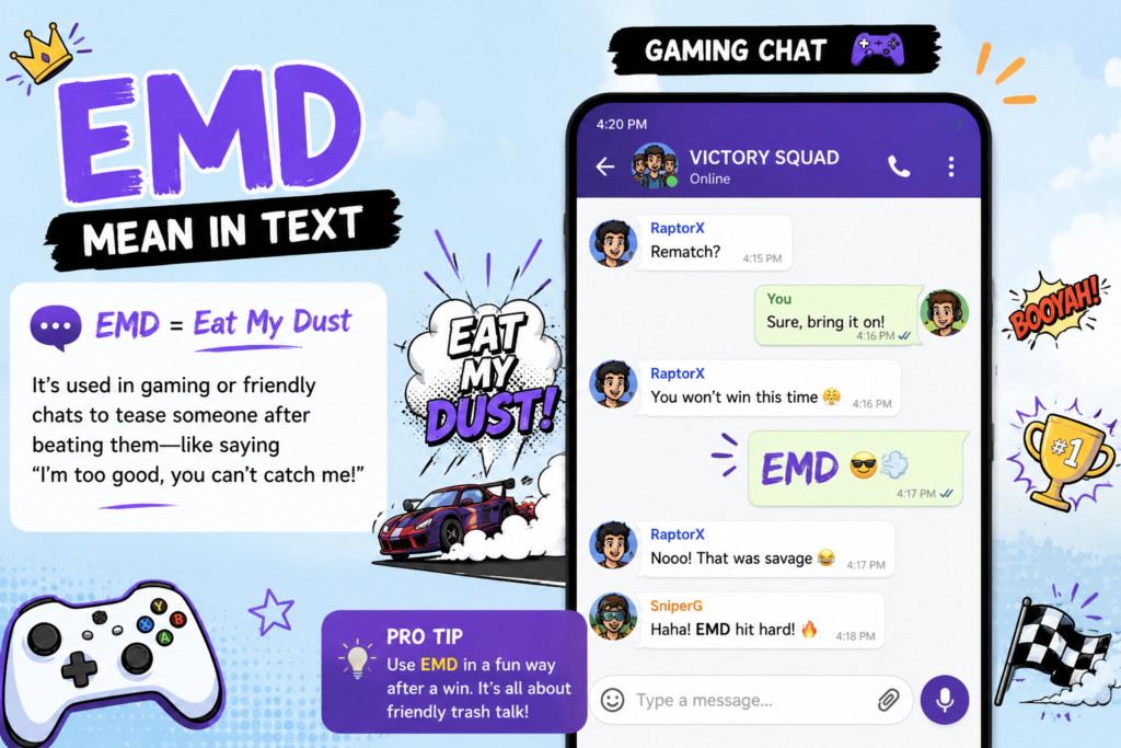 EMD Mean in Text shown in gaming chat as a playful “Eat My Dust” reaction