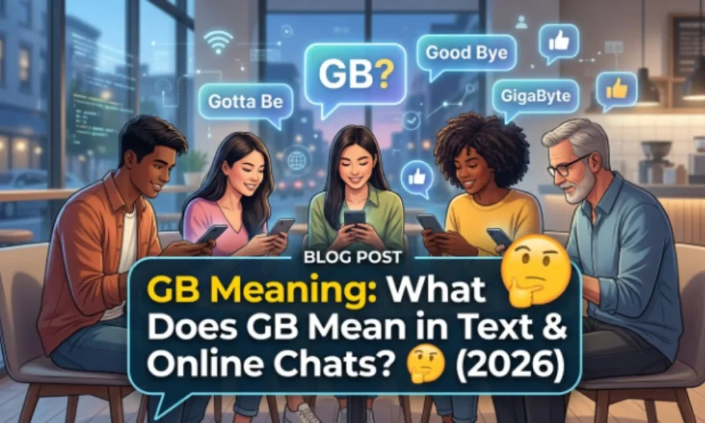 "GB Meaning: What Does GB Mean in Text & Online Chats? (2026)" with illustration avatars on a dark background, alongside a smaller thumbnail below titled "WHAT DOES GB MEAN IN TEXT? Good Bye" with a mobile phone graphic.