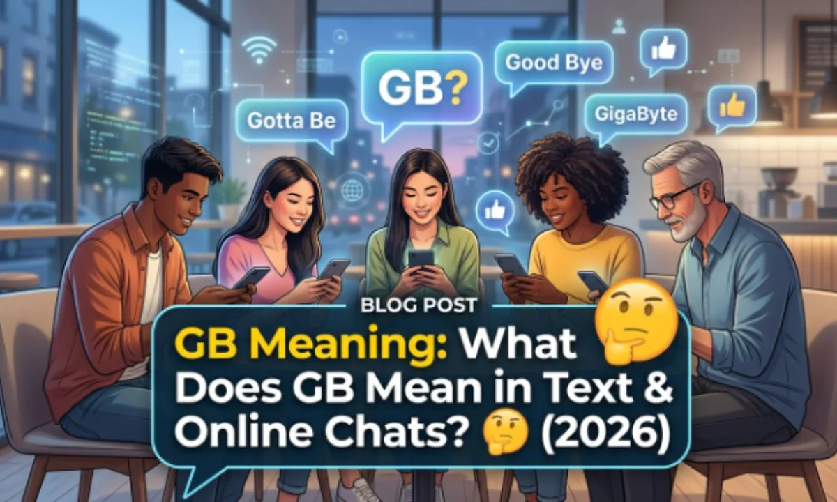 "GB Meaning: What Does GB Mean in Text & Online Chats? (2026)" with illustration avatars on a dark background, alongside a smaller thumbnail below titled "WHAT DOES GB MEAN IN TEXT? Good Bye" with a mobile phone graphic.