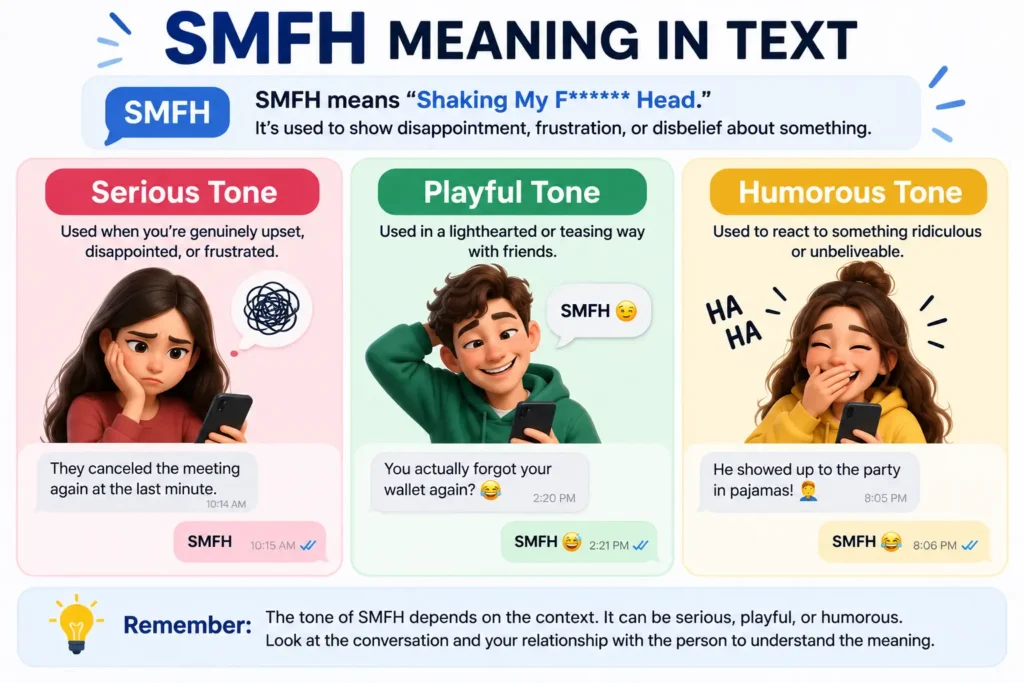 SMFH meaning in text with serious, playful, and humorous tones
