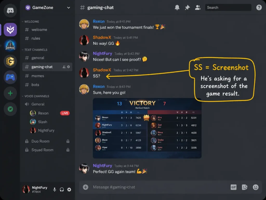 Discord gaming chat where a user asks for an SS or screenshot of a game result