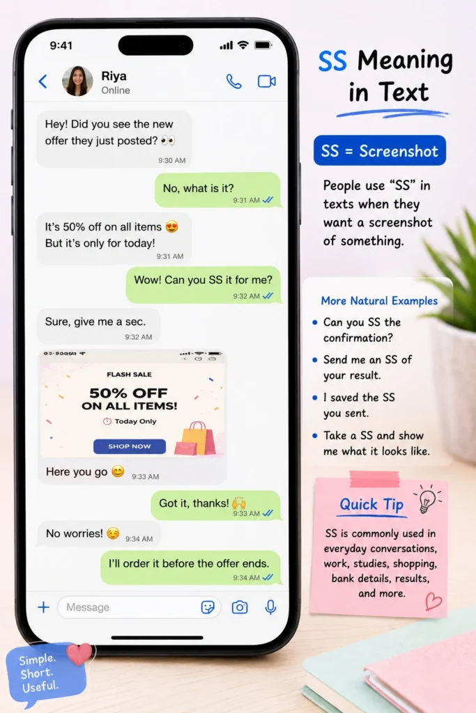 Smartphone conversation showing natural examples of SS meaning screenshot in everyday texting
