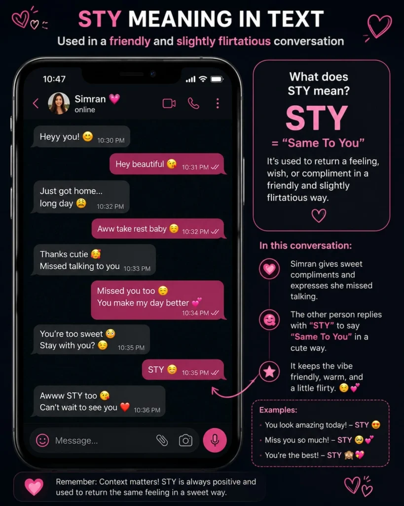 STY mean in text used in a friendly and slightly flirty smartphone conversation