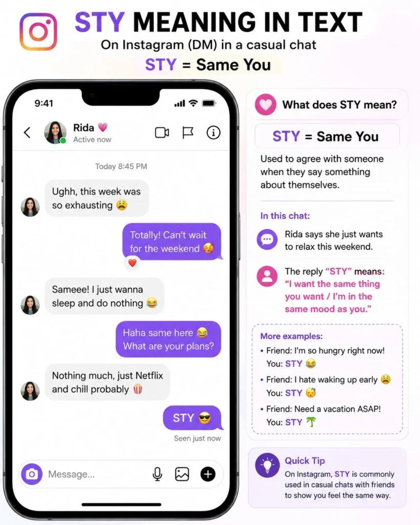 STY mean in text on Instagram shown in a casual DM where the abbreviation means Same To You