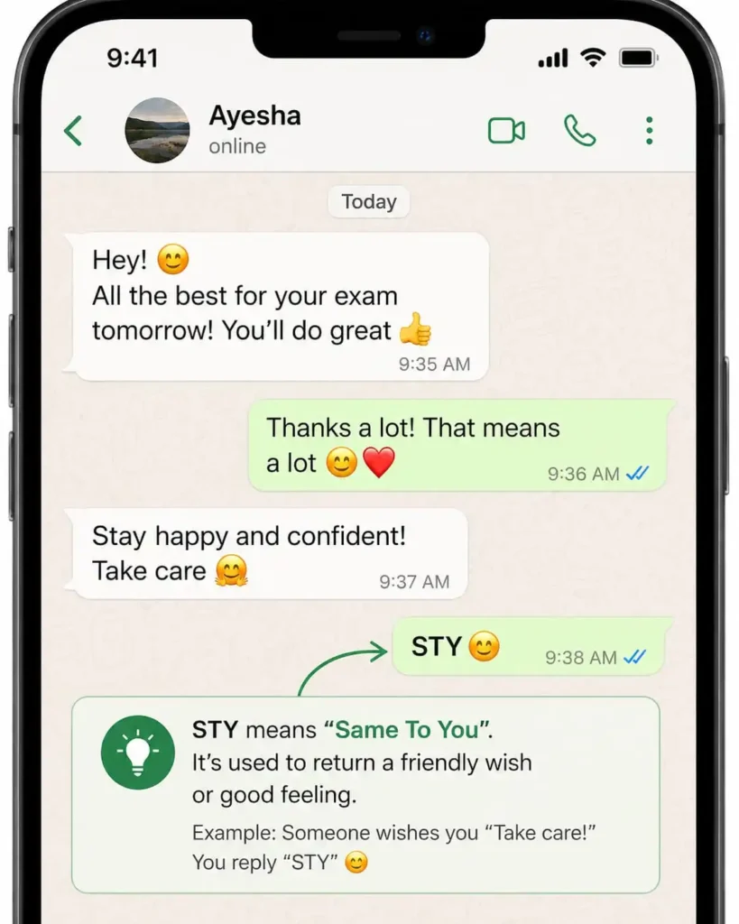 STY mean in text shown in a smartphone conversation where one person replies “STY” to return a friendly wish