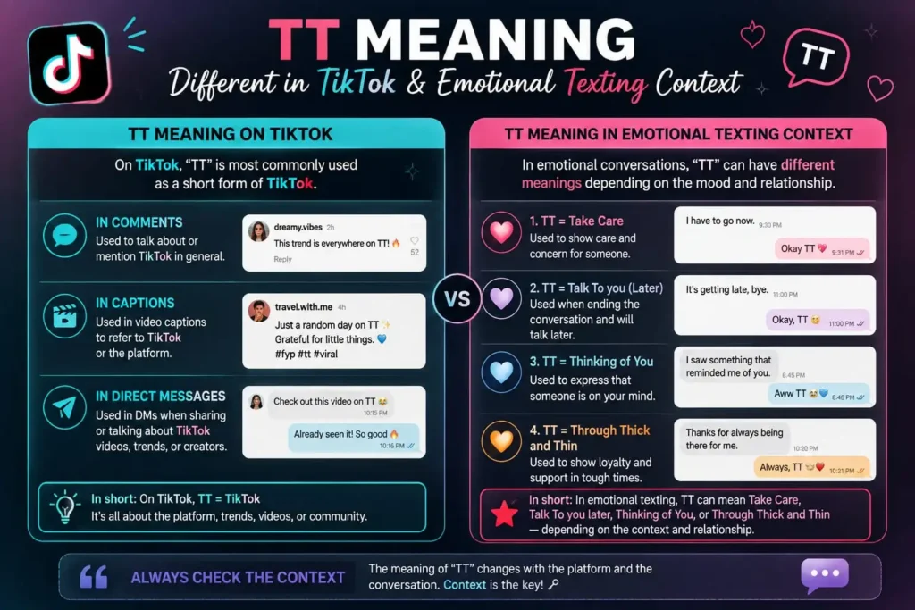 Different TT meanings in TikTok and emotional texting contexts