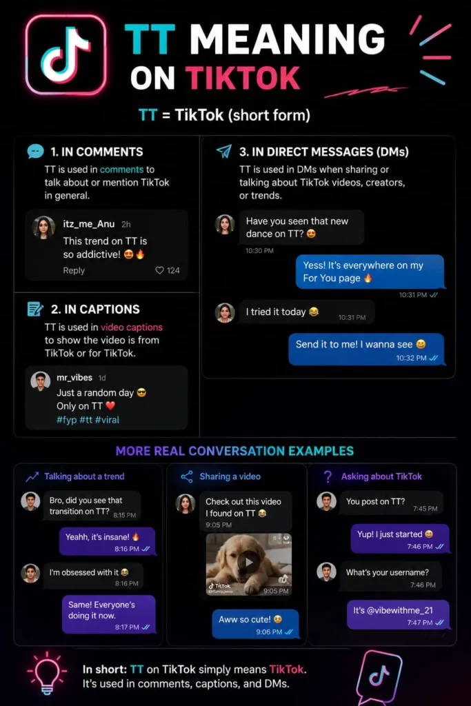 TT Meaning on TikTok with realistic conversation examples
