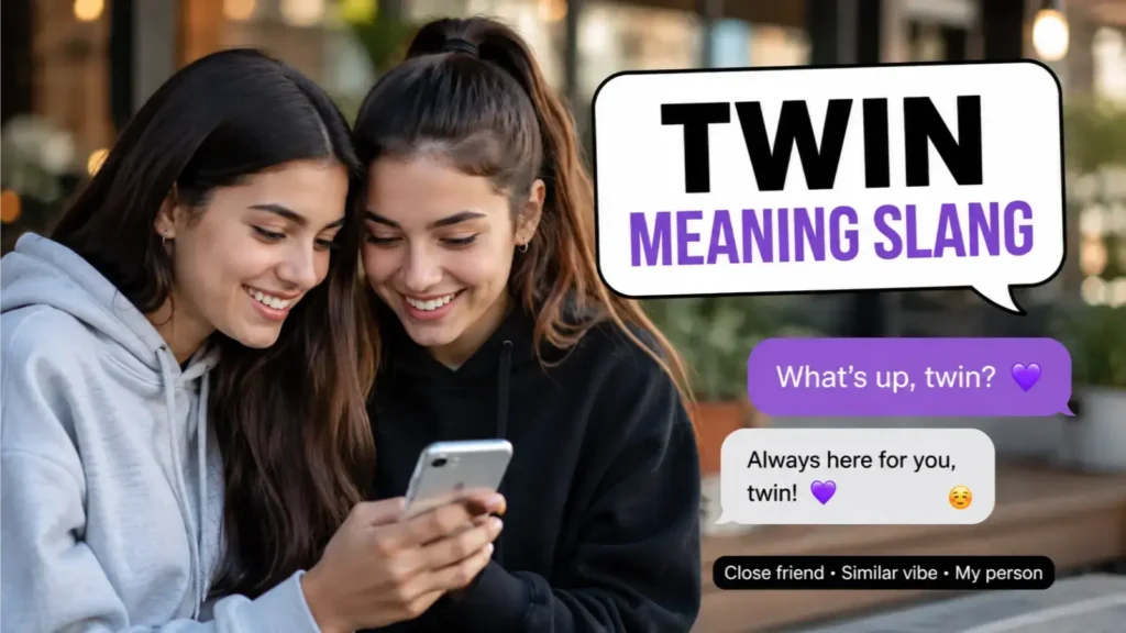Twin meaning slang shown in a friendly smartphone conversation between two people who share the same personality and vibe