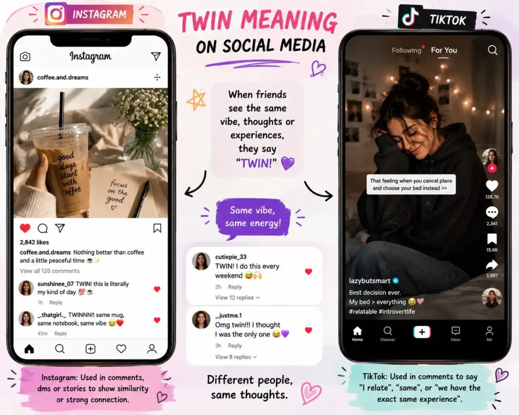 Twin meaning on social media shown in an Instagram and TikTok style conversation where friends recognised their similarities