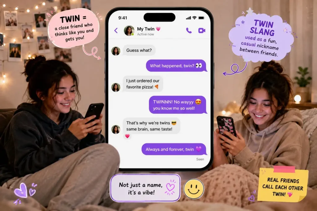 Twin slang used as a casual nickname between friends in a modern online conversation