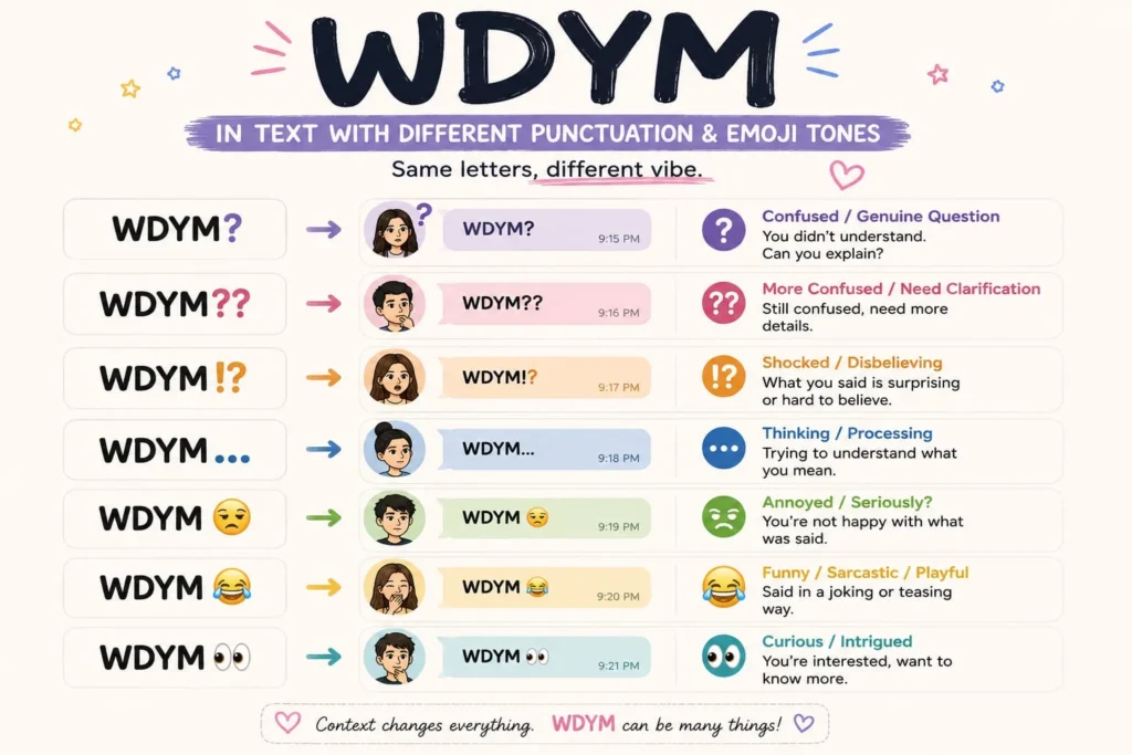 WDYM mean in text with different punctuation and emoji tones