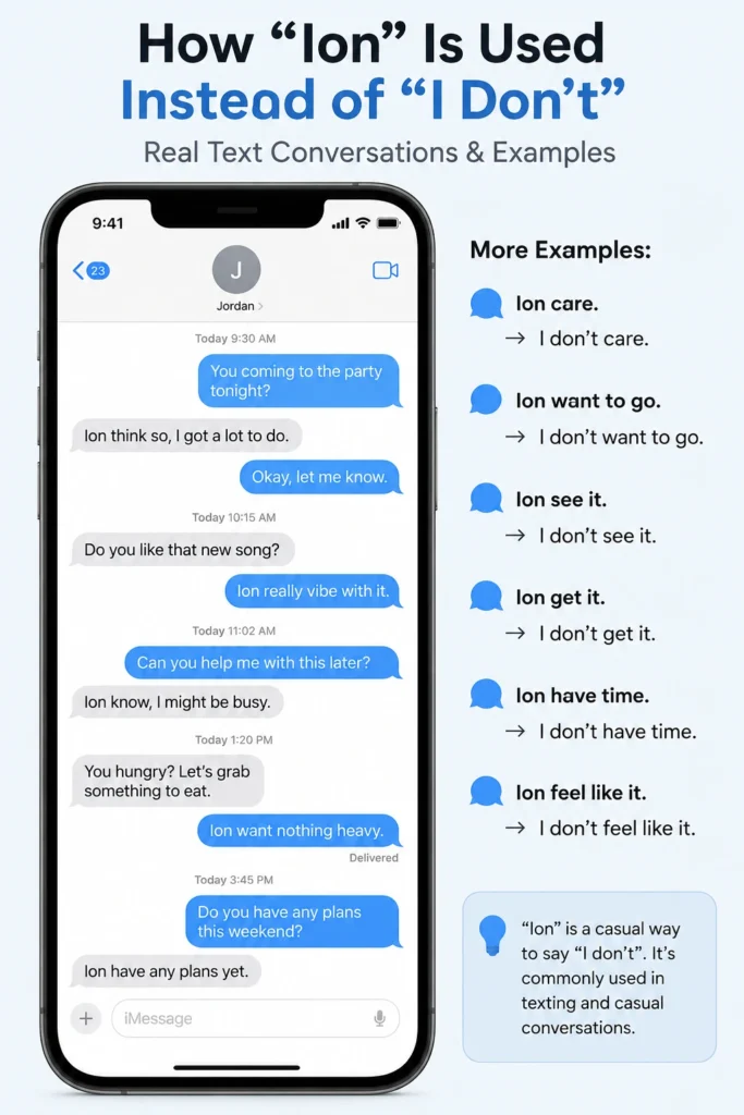 Casual smartphone conversation showing several realistic examples where "Ion" is used instead of "I don't" in text messages.