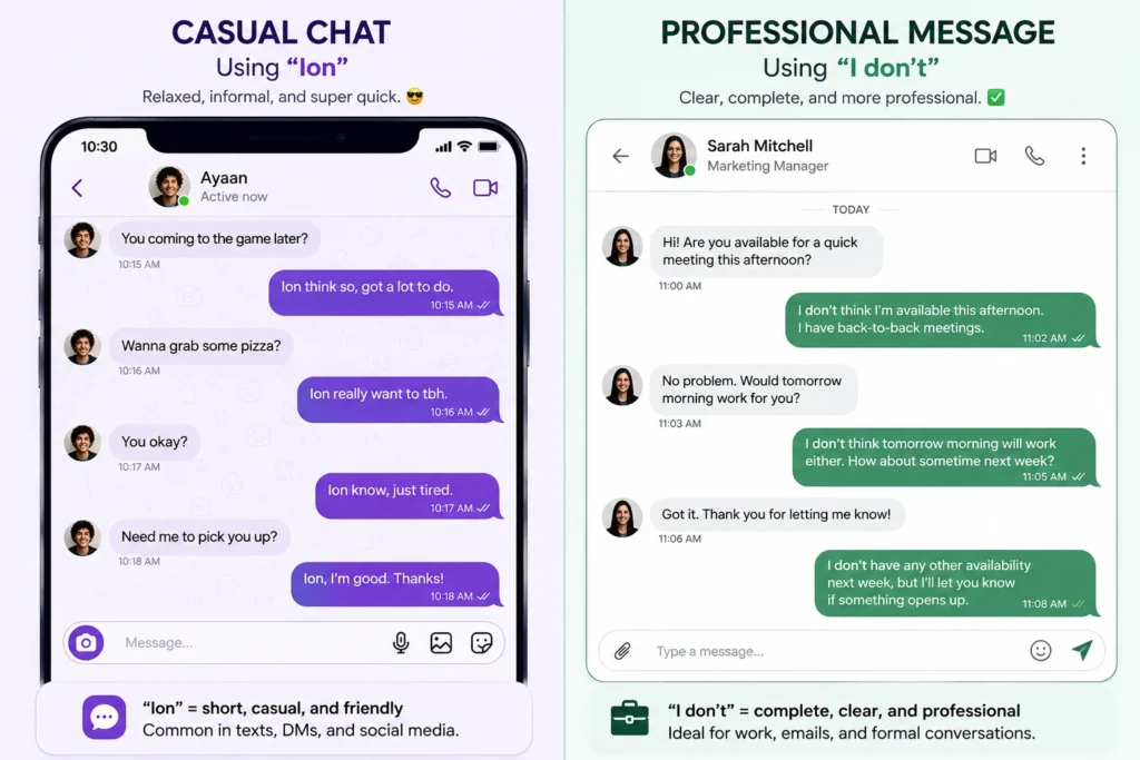 Split-screen illustration comparing a casual social media chat using "Ion" with a professional message using the full phrase "I don't."