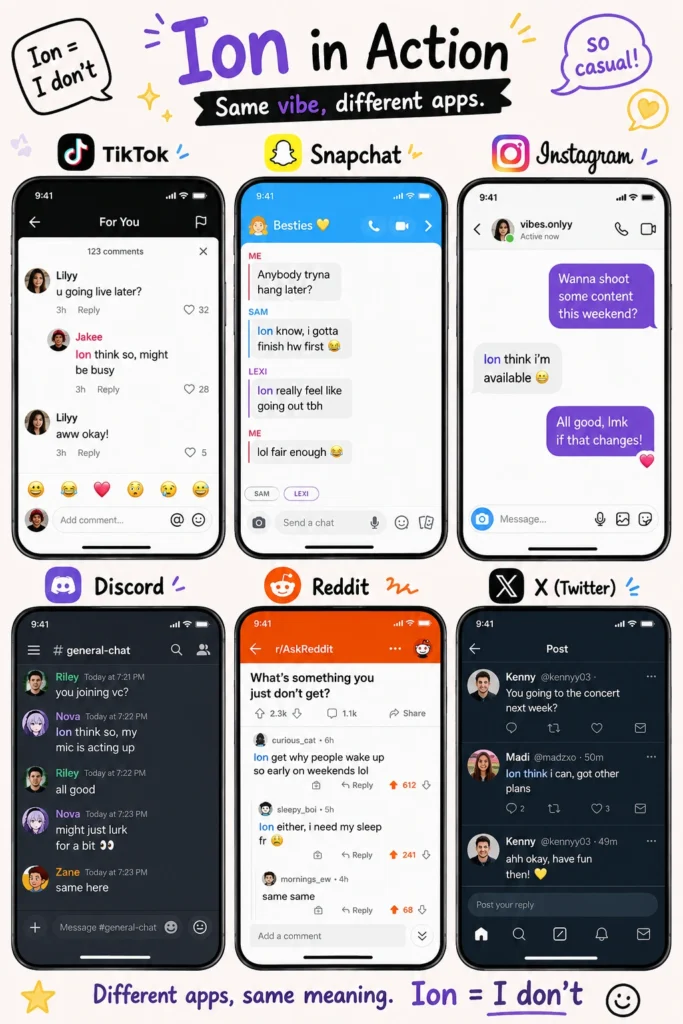 Creative smartphone illustration depicting conversations on TikTok, Snapchat, Instagram, Discord, Reddit, and X where "Ion" is used naturally.