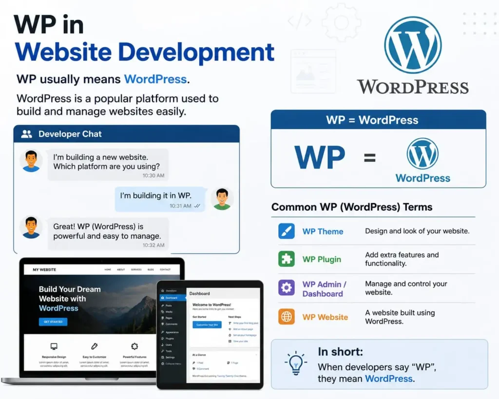 WP meaning WordPress shown in a website development conversation about building and managing a website