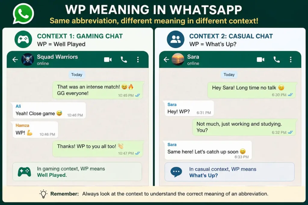 WP meaning in WhatsApp shown in two different chat contexts to demonstrate how context changes the abbreviation's meaning
