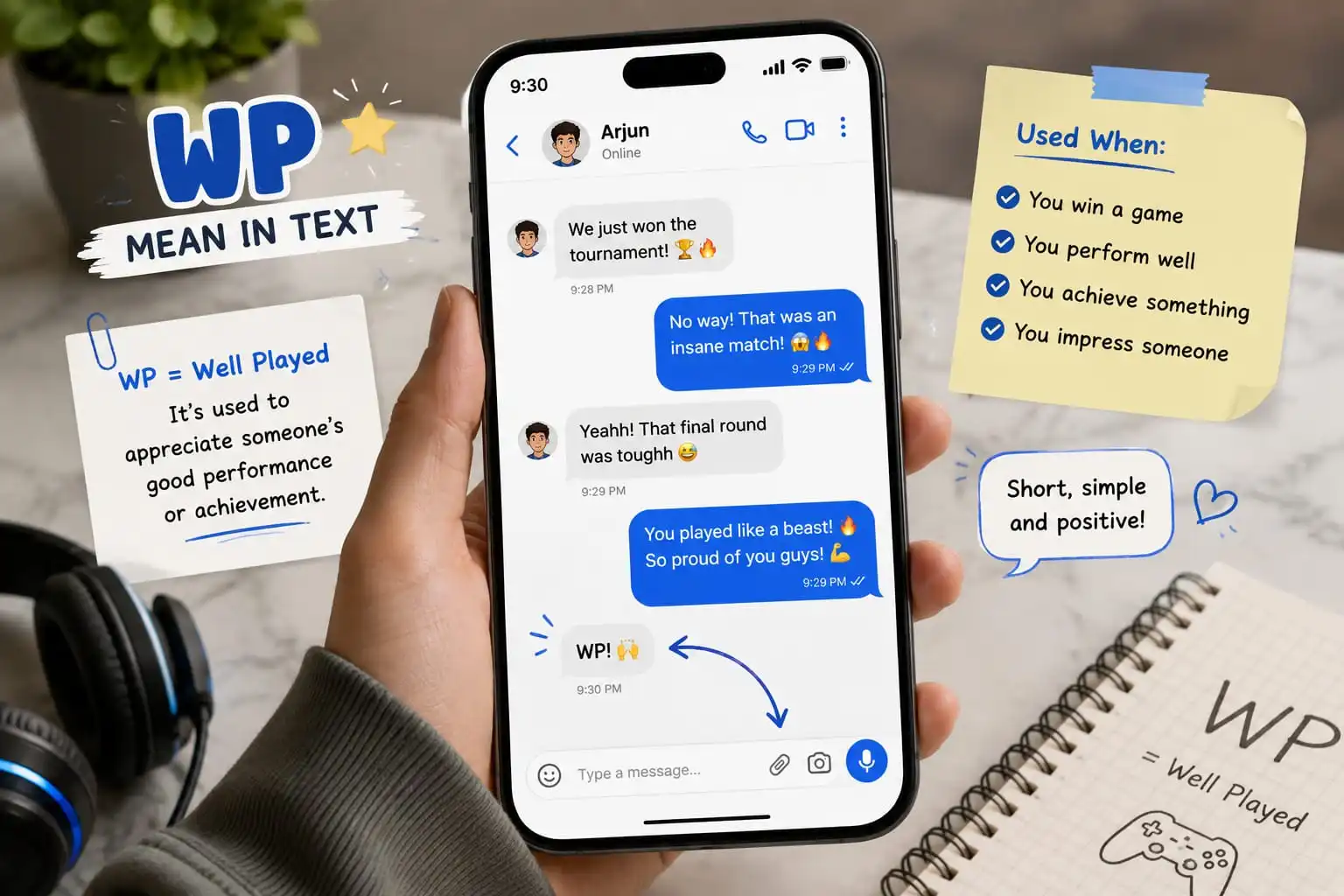 WP mean in text shown in a smartphone conversation where one person replies “WP” after an achievement