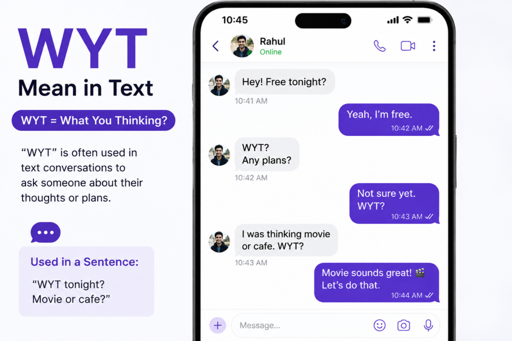 WYT Mean in Text shown between friends discussing plans through casual messages