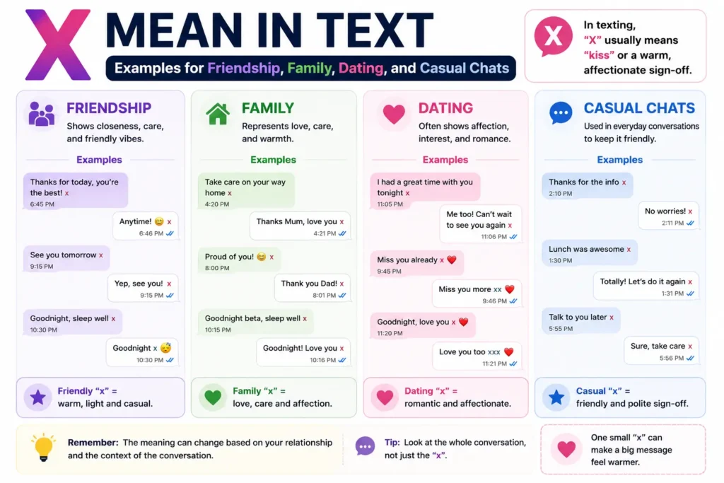X Mean In Text examples for friendship, family, dating, and casual chats